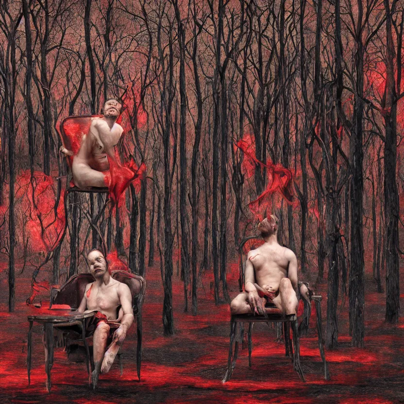 Image similar to a portrait of a man with five heads, twelve arms, sitting on chair made of human limbs, the chair is floating in a lake of blood, around the lake are melting trees, digital art, hyperrealistic nightmare scene, supernatural, highly detailed, creepy, terrifying