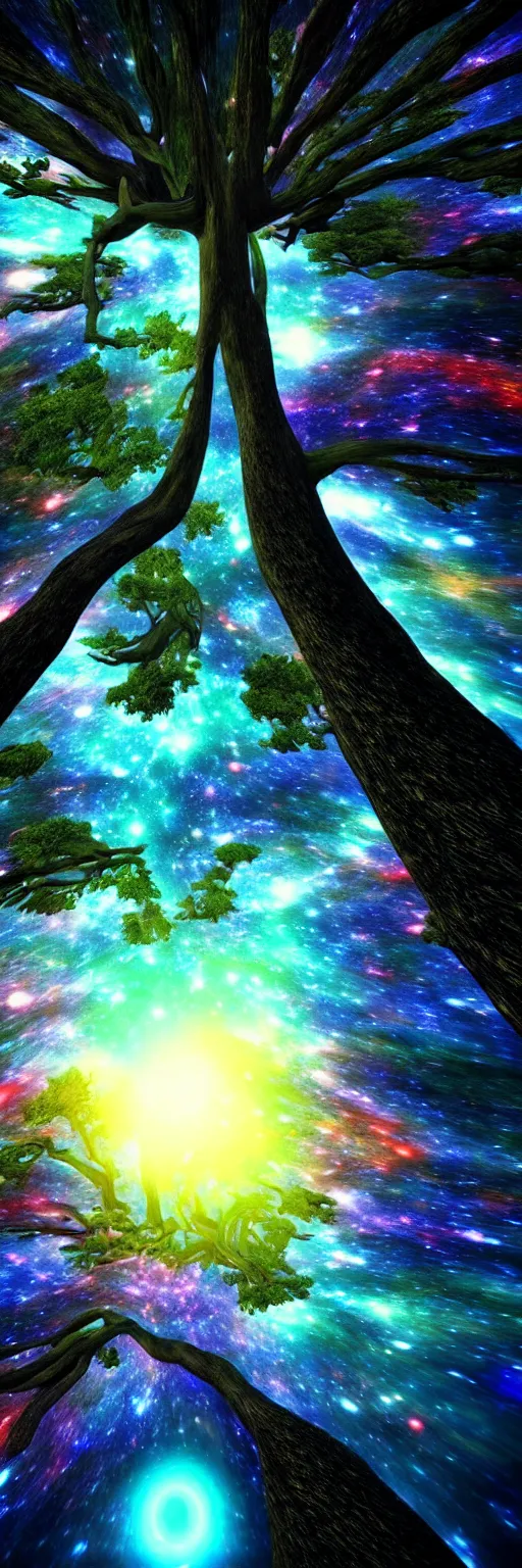 Prompt: that our soul is just one root off a greater tree that climbs high up through the many dimensions and realities until it eventually reaches nirvana, vibrant color, rendered in cryengine, cosmic scale, the shape of the universe