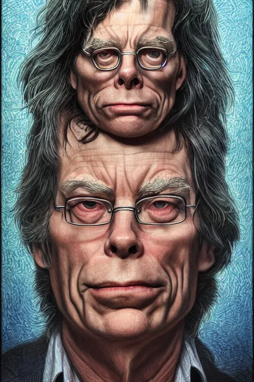 Image similar to highly detailed portrait of stephen king by alex grey, patrick woodroffe, mark ryden created by gustave dore and greg rutkowski, high detailed, smooth draw, synthwave neon retro, intricate, realistic proportions, dramatic lighting, trending on artstation