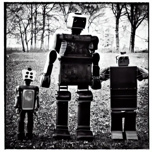 Image similar to the most creepy family photo of robots, 35mm lens, post apocalyptic, sadness, depression, screaming, crying, a dumping ground