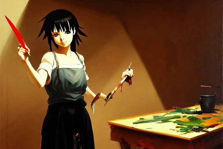 Image similar to baroque oil painting of anime key visual concept art of anime girl serial killer holding bloody kitchen knife, acrylic painting, trending on pixiv fanbox, palette knife and brush strokes, style of makoto shinkai jamie wyeth james gilleard edward hopper greg rutkowski studio ghibli genshin impact