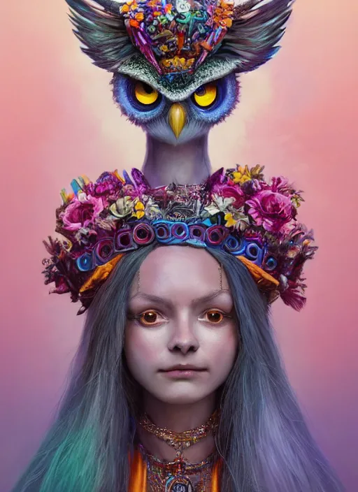 Image similar to an anthropomorphic beautiful goddess female wizard made of owl portrait holding a staff wearing colourful robe, fine art, award winning, intricate, elegant, sharp focus, octane render, hyperrealistic, cinematic lighting, highly detailed, digital painting, 8 k concept art, art by jamie hewlett and z. w. gu, masterpiece, trending on artstation, 8 k