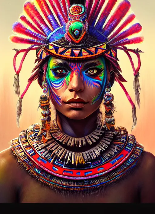 Image similar to hyper detailed ultra sharp aztec shaman warrior trance girl. trending on artstation, warpaint aesthetic, bloodwave, colorful, psychedelic, ornate, intricate, digital painting, concept art, smooth, sharp focus, illustration, art by artgerm and greg rutkowski and h. r. giger, 8 k