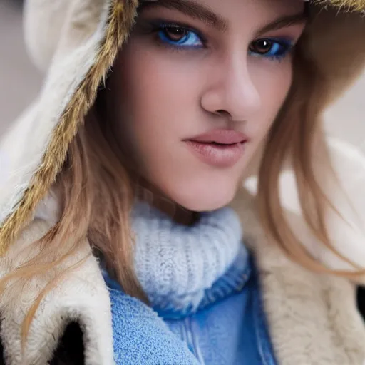 Image similar to a portuguese girl with white - fair!!!!! skin, dirty blonde hair and blue eyes, wearing a disney land coat and blue jeans, 4 k, 8 k, photorealistic facial features