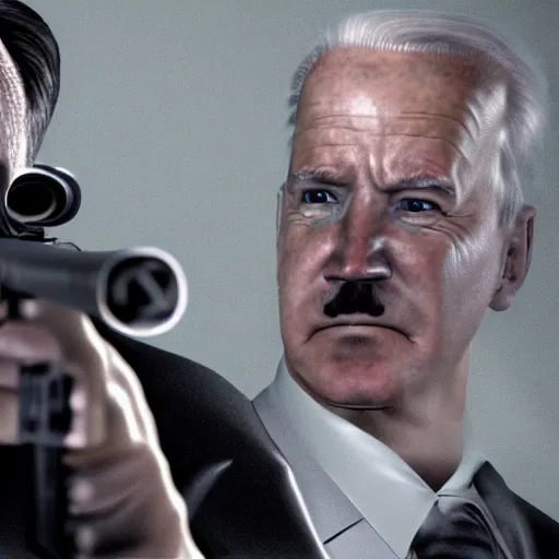 Image similar to adolf hitler shooting joe biden with a pistol, octane render, 4 k, hyper detailed.