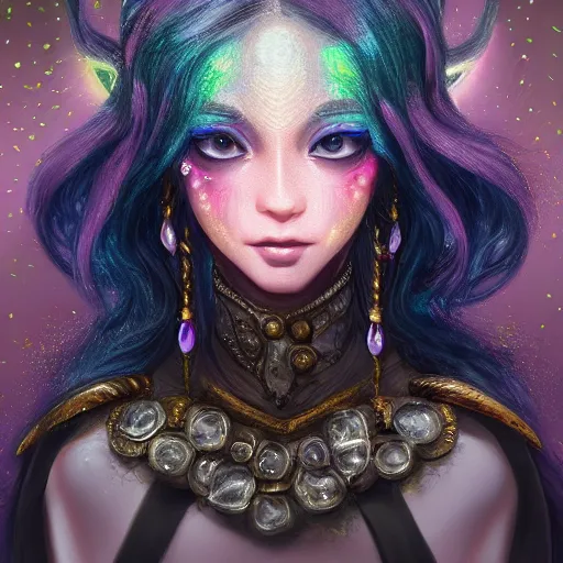 Image similar to digital 2 d, fantasy, illustration, fan art, digital art, digital painting, semi realism, semi realistic, portrait, glitter, crystal, glitters, ranni, fromsoftware, eldenring, fanart, iridescent, holographic, artstation