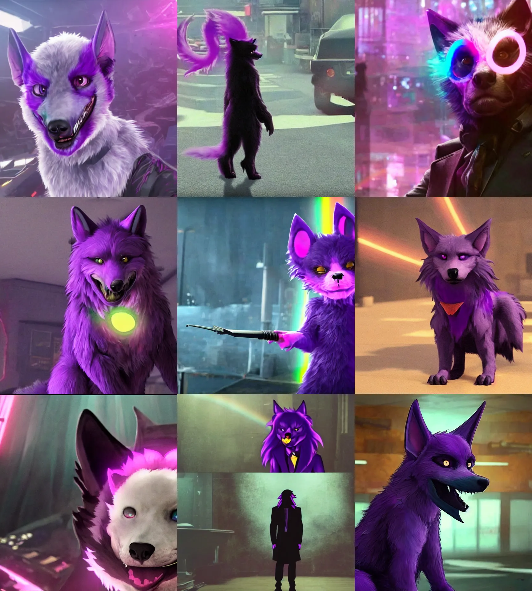 Prompt: ( with a glowing rainbow tail ) a purple wolfbat fursona ( from the furry fandom ) wearing an eyepatch, as a screencap from the john wick movie series
