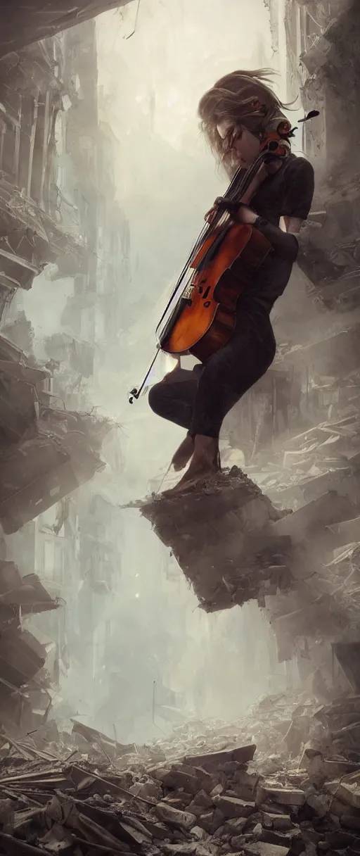 Prompt: a highly deatiled portrait of a cellist playing in the rubble of a fallen building, beautifully lit, concept art, sharp focus, in the style of Bastien Lecouffe-Deharme and steve argyle, artstation HD, octane render