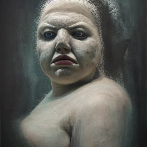 Prompt: portrait of big sumoringer as despair from sandman, in a white void with empty frames all around her, venus of willendorf, by jeremy mann, by gregory crewdson, sad face, black hair, white room, soft lightning, high detailed, 8 k