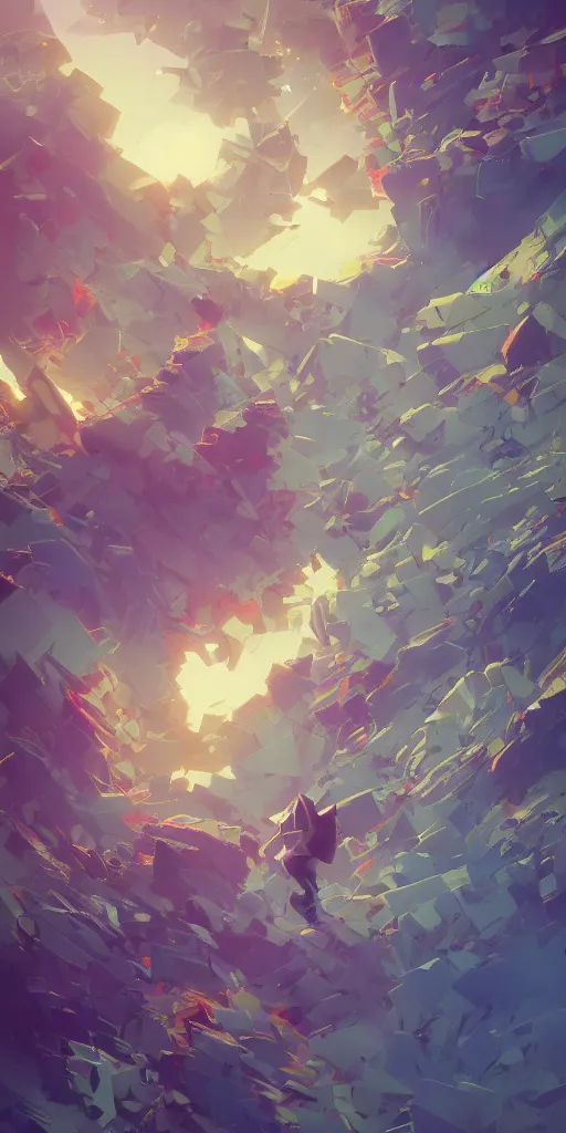 Image similar to highly detailed happy abstract geometric painting, stephen bliss, unreal engine, greg rutkowski, loish, rhads, beeple, makoto shinkai and lois van baarle, ilya kuvshinov, rossdraws, tom bagshaw, global illumination, detailed and intricate environment