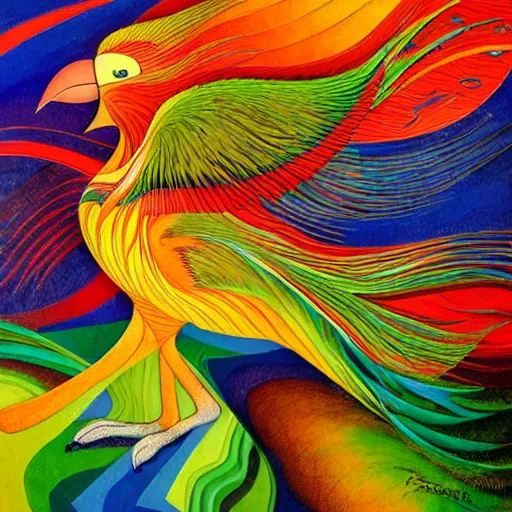 Image similar to A beautiful land art of a large, colorful bird with a long, sweeping tail. The bird is surrounded by swirling lines and geometric shapes in a variety of colors by Patrick Woodroffe, by Malcolm Liepke dynamic, artificial