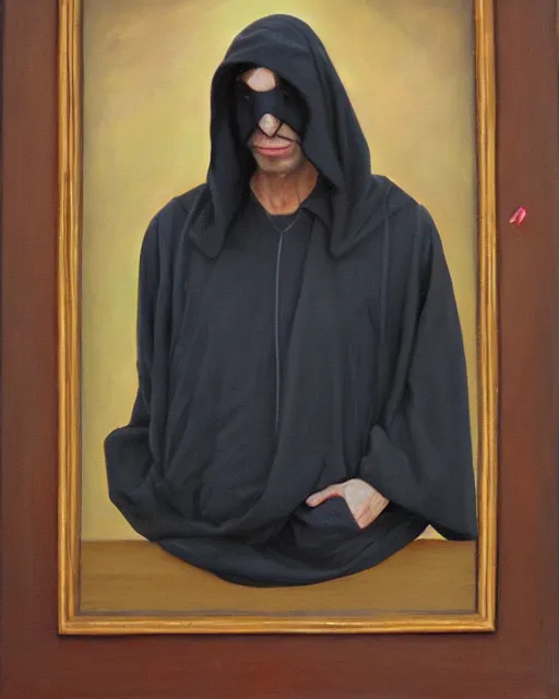 Prompt: oil painting portrait of a man in dark robes, hooded, made by greg rukowtski, fantasy, moodly