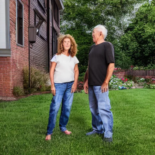 Prompt: a man and a woman around 3 0 years are standing in the backyard of a downtown home. focus on faces, realistic colors, detailed photo 8 k