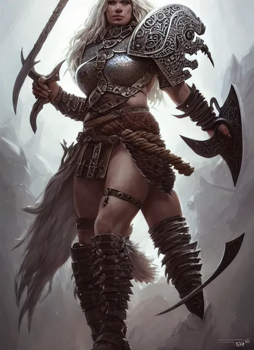 Image similar to barbarian, plated armor!!! long wild white hair!! covered chest!!! fantasy, d & d, intricate ornate details, digital painting, pretty face!!, symmetry, concept art, sharp focus, illustration, art by artgerm! greg rutkowski magali villeneuve wlop! ilya kuvshinov!!, octane render