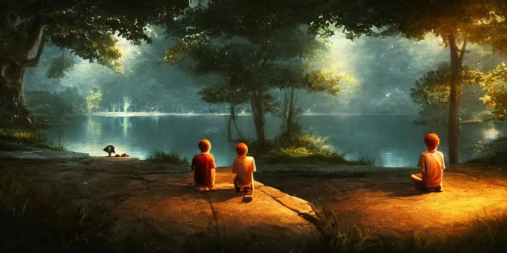 Image similar to a silver dragon and a boy sitting next to lake in forest, many fireflys, at night, concept art, dof, cryengine, digital art, detailed background, makoto shinkai