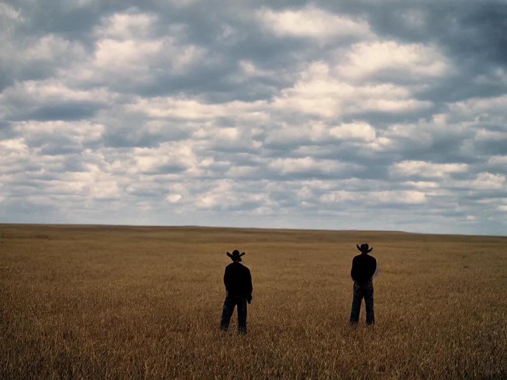 Image similar to Cowboy standing in the prairie and looking at the clouds in the style of Andrei Tarkovsky, cinestill 800t 50mm