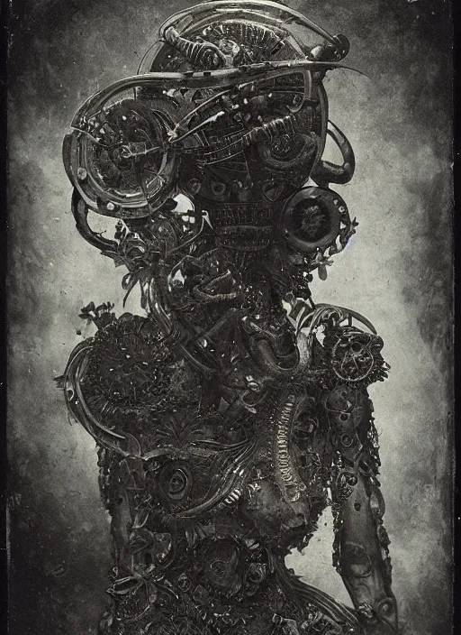 Image similar to old wetplate daguerreotype birth of a cyborg in times of eternal summoning, fractal, intricate, elegant, highly detailed, parallax, leica, medium format, subsurface scattering, by jheronimus bosch and greg rutkowski and louis jacques mande daguerre