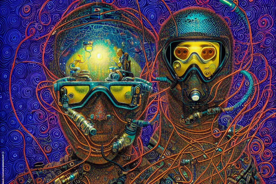 Image similar to detailed portrait of a cyberpunk scuba diver inside a dmt portal by james r eads and tomasz alen kopera