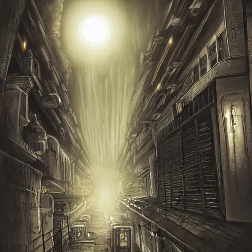 Image similar to futuristic evil city at dusk. figure is obscured by darkness with two bright, shining eyes peering out from the shadows of an alley. cgartist