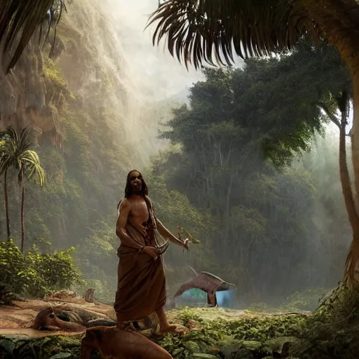 Image similar to a detailed matte painting of a ridiculously good looking jesus who is exploring the prehistoric jungle with his pet velociraptor, elegant ancient greek dress, jungle as the background, very detailed, beautiful, intricate, art by greg rutkowski and robert e howard, octane render