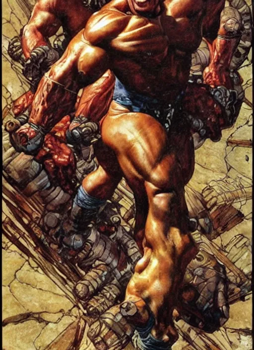 Image similar to portrait of muscular morgan aste as marvel's the thing, dynamic, by norman rockwell and lawrence alma tadema and jack kirby and greg staples and nc wyeth and tom lovell