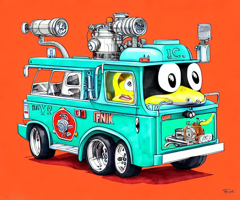 Prompt: cute and funny, beaver driving a tiny fire truck with an oversized engine, ratfink style by ed roth, centered award winning watercolor pen illustration, isometric illustration by chihiro iwasaki, edited by craola, tiny details by artgerm and watercolor girl, symmetrically isometrically centered