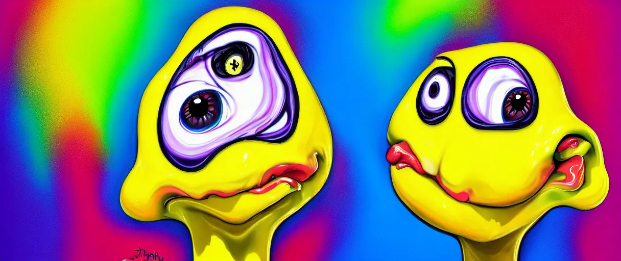 Image similar to hyperrealistic popart supercute droopy melting! multicolored ice cream with eyes jason limon digital painting dramatic yellow lighting high angle hd 8k sharp shallow depth of field