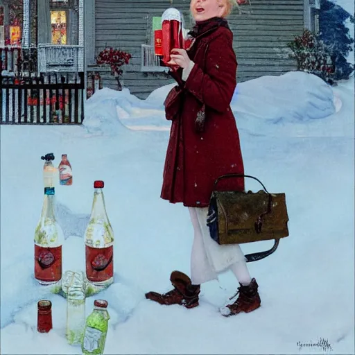 Image similar to Elle Fanning drinking a bottle of soda in the snow, by Norman Rockwell, Extremely detailed. 8K. Award winning.