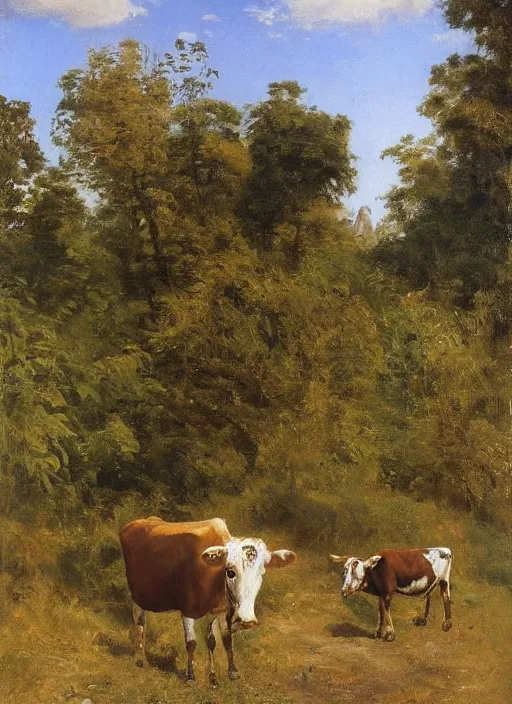 Image similar to artwork painting of a lush environment, a cow is grazing by eugene von guerard, ivan shishkin, john singer sargent