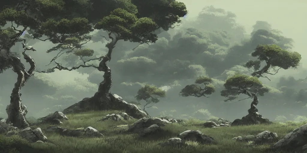 Image similar to old japanese landscape with curved trees and rocks, detailed, high quality, trending on artstation, 8 k, award winning