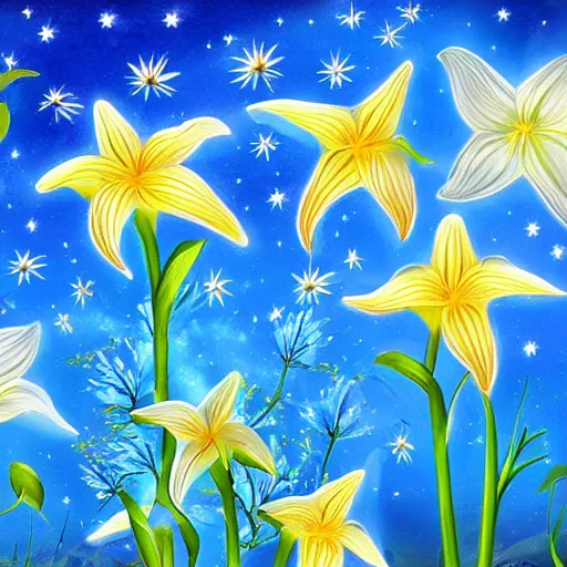 Prompt: a garden of starlight lillies, blue sky, detailed, photo-realistic