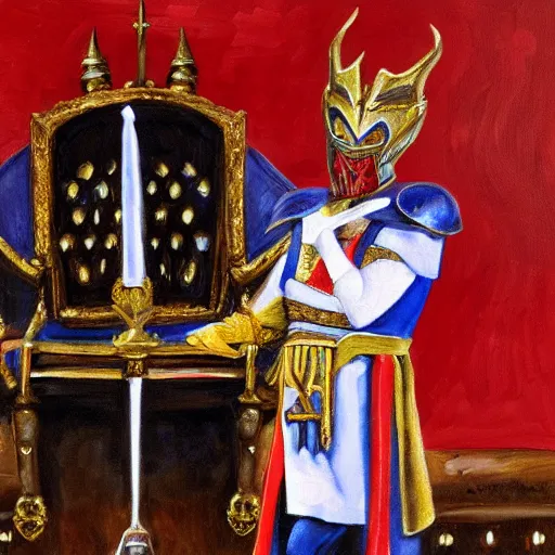 Image similar to oil painting of trump in midevil armor in castle on throne