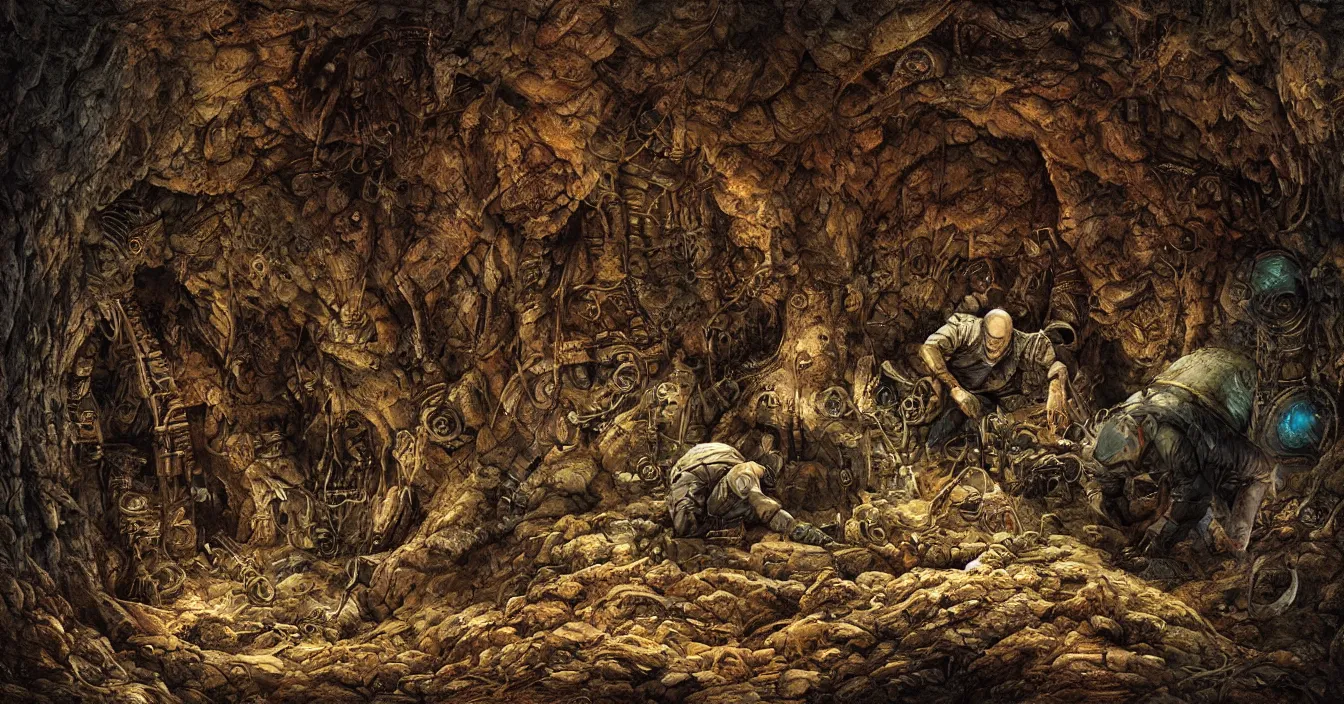 Prompt: futuristic archaeologist excavating buried ugly alien nest hidden in deep dark wet cave, deep sense of horror atmosphere, visual fidelity and plasticity, depth defocus, digital art, horror colors, in style of franklin booth
