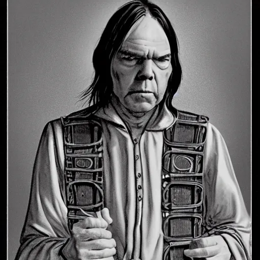 Prompt: a portrait of neil young as a medieval bard