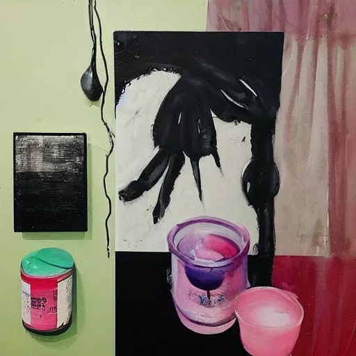 Image similar to “ a portrait in a female art student ’ s apartment, sensual, a pig theme, art supplies, paint tubes, ikebana, herbs, a candle dripping white wax, black walls, squashed berries, berry juice drips, acrylic and spray paint and oilstick on canvas, surrealism, neoexpressionism ”