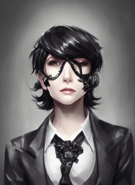 Image similar to a highly detailed illustration of beautiful short black messy haired woman wearing eyepatch!!! and noir style suit and tie, dramatic smiling pose, intricate, elegant, highly detailed, centered, digital painting, artstation, concept art, smooth, sharp focus, league of legends concept art, WLOP