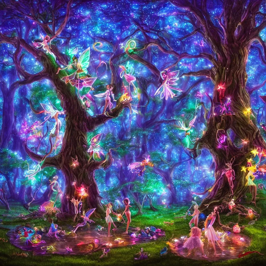 Prompt: a night carnival fairies around a magical tree next to a lake with iridiscent water, christmas lights, volumetric lightning, creatures and fantastic people disguised as fantastic creatures in a magical forest by summer night, masterpieceunderwater scene, masterpiece painted by kelton nelson, scene by night