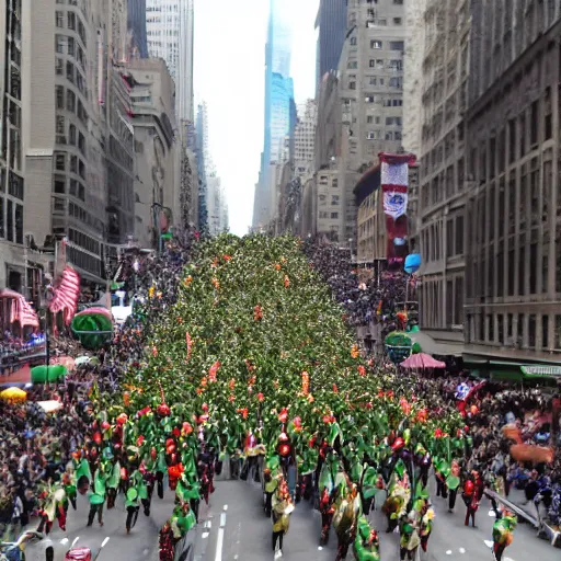 Image similar to a parade of stuffed fruits and vegetables marching down 5 th ave manhattan on st. patrick's day, 8 k, photo realistic, extremely life like