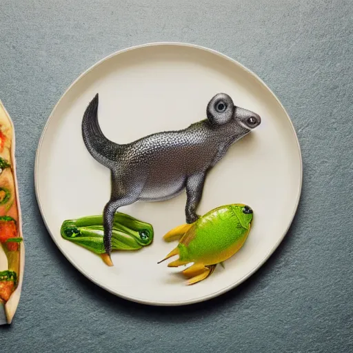 Image similar to unknown aquative animals, highly detailed render, displayed on a dinner plate, 8K HD, food photography