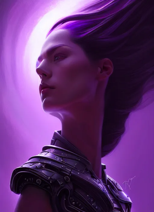 Prompt: top down lighting, extreme close up, stunning portrait of a woman in purple leather future armor with a long black ponytail, purple eye, glowing with void energy, spaceship hallway, intricate, mood lighting, highly detailed, digital painting, artstation, concept art, smooth, sharp focus, illustration, art by wlop, mars ravelo and greg rutkowski