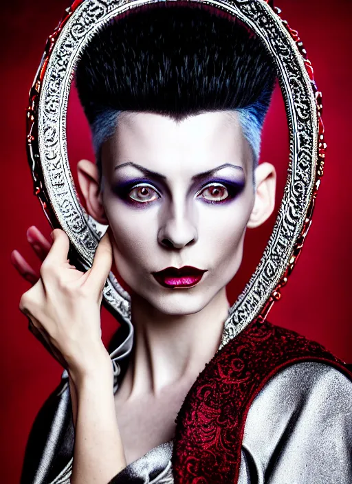 Prompt: surreal highly detailed photo portrait of a beautiful female high mage, silver pixie cut with shaved sides hair, powerful radiant confident vibe, 150 mm lens, soft rim light, bold ornate crimson robes with silver trim, pronounced facial contouring, sly expression, pale skin, dark studio background, Alexander McQueen, high fashion, haute couture, rococo, anatomical, elegant, hyper realistic, octane render, unreal engine 5, art by John Collier and Albert Aublet and Krenz Cushart and Artem Demura and Alphonse Mucha, volumetric lighting, 8k, vibrant high contrast coloring, Art Nouveau, masterpiece, intricate, ethereal