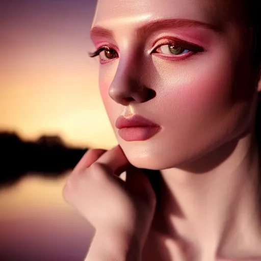 Prompt: high detail photographic portrait of a stunningly beautiful english renaissance female with designer eye shadow paint, in soft dreamy light at sunset, beside the river, soft focus, contemporary fashion shoot, hasselblad nikon, in a denis villeneuve movie, by edward robert hughes, annie leibovitz and steve mccurry, david lazar, jimmy nelsson, hyperrealistic, perfect face