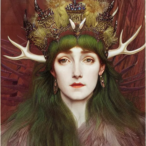 Image similar to a detailed portrait of a green haired queen of feathers with an antler crown by wayne barlowe and mucha