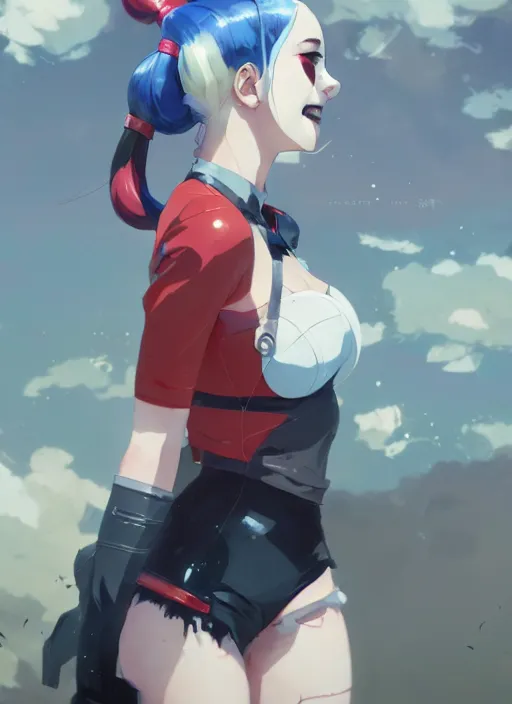 Image similar to portrait of harley quinn, cloudy sky background lush landscape illustration concept art anime key visual trending pixiv fanbox by wlop and greg rutkowski and makoto shinkai and studio ghibli