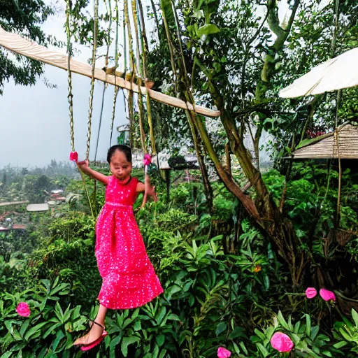 Image similar to A girl in a peony dress swings on a flower swing in Bali, style of Guo Hua