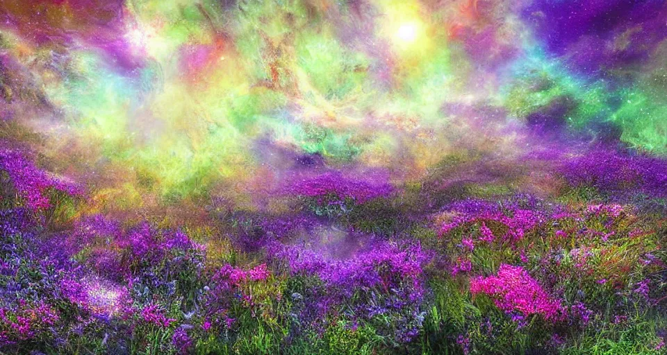 Image similar to a large mystic shrine shrouded by mystic nebula magic in a field of flowers, mad dog jones, breath - taking beautiful flowers, streams, nebula, and mist, an aesthetically pleasing, dynamic, energetic, lively, complex, intricate, detailed, well - designed digital art of magic, streams, flowers, and mist, early morning, light and shadow