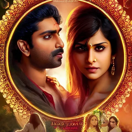 Image similar to perfectly centered bollywood movie promotional poster of anatomically correct hero and heroine romantic pose, faces symmetrical, modelling photography ; real life portrait ; ultra realistic, high coherence, intricate, hdr, highly detailed, photorealistic, octane render, 8 k, unreal engine ; art by artgerm, greg rutkowski, charlie bowater, alphonse mucha