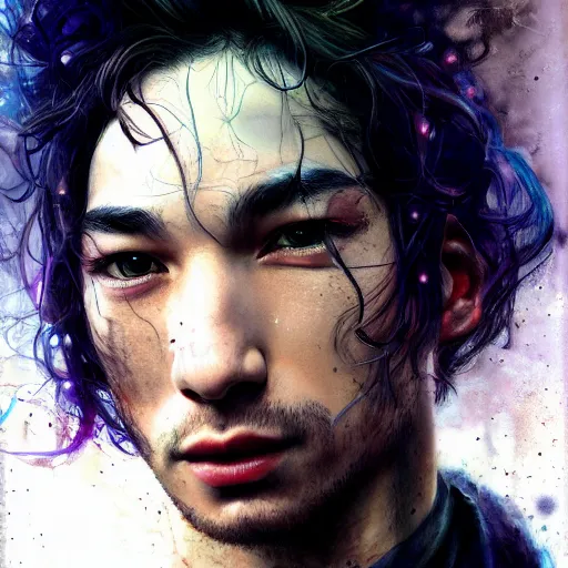 Image similar to ezra miller of blackpink, hyperrealistic portrait, bladerunner street, by karol bak and agnes cecile and artgerm, fantasy art, photo realistic, dynamic lighting, artstation, poster, volumetric lighting, very detailed face, 8 k, award winning