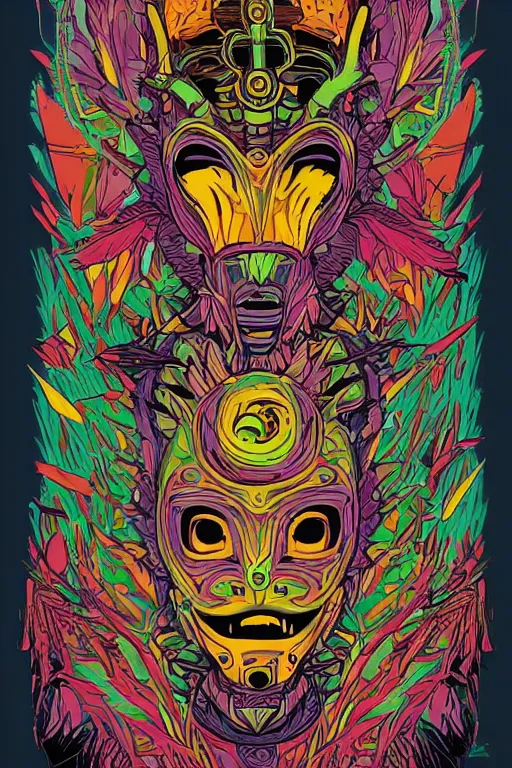 Image similar to animal mask totem roots flower tribal feather gemstone plant wood rock shaman vodoo video game vector cutout illustration vivid multicolor borderlands comics by josan gonzales and dan mumford radiating a glowing aura