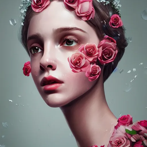 Prompt: meredit frampton style hight focus of a wonderful realistic sweet wonderful symmetrical portrait of a lady with a clear skin made of roses, rembrand light, dramatic light, cinematic, artstation, octane render 8 k s 1
